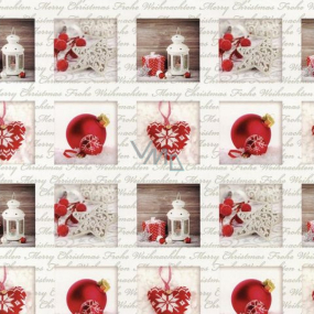 Präsenta Dárkový balící papír 70 x 200 cm Vánoční červená baňka velká, malá, nápis Merry Christmas