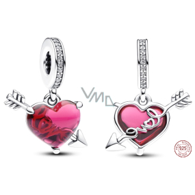 Charm Sterlingové stříbro 925 Červené srdce a šíp Murano Glass, přívěsek na náramek láska
