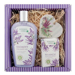 Bohemia Gifts Lavender krémový sprchový gel 250 ml + mýdlo 100 g + dřevěné srdce různé motivy, kosmetická sada