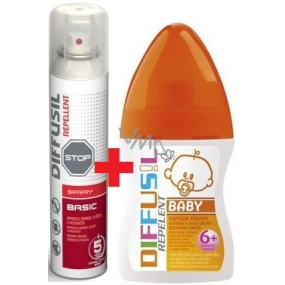 Diffusil Repellent Basic repelent na odpuzování komárů, klíšťat a muchniček sprej 200 ml + Diffusil Baby repelent 100 ml