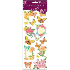 Samolepky motýlci a květiny s glitry žlutí 34,5 x 12,5 cm