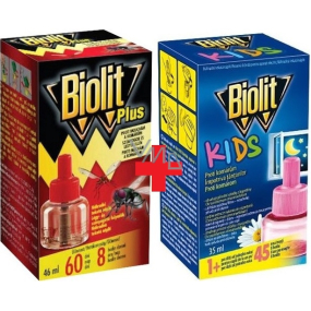 Biolit Plus Odpařovač tekutá náhradní náplň 60 nocí proti mouchám a komárům 46 ml + Biolit Kids Elektrický odpařovač proti komárům 45 nocí náhradní náplň 35 ml