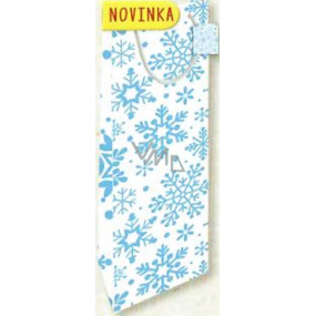 Nekupto Dárková papírová taška na láhev 33 x 10 x 9 cm Vánoční, bílá, modré vločky 1815 02 WLH