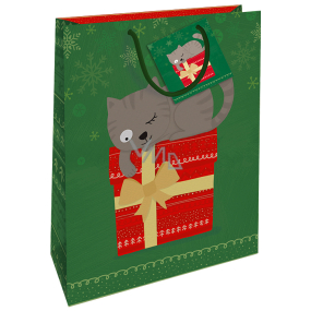 Nekupto Dárková papírová taška 32,5 x 26 x 13 cm Vánoční zelená s kočkou WBL 1954 50