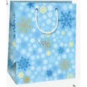 Ditipo Dárková papírová taška 26,4 x 13,6 x 32,7 cm Vánoční světle modrá - vločky modré, bílé, zlaté