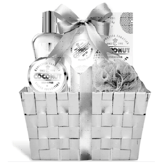 Cosmetica Fanatica Coconut tělové mléko 95 ml + sprchový gel 190 ml + tělový peeling 50 ml + sůl do koupele 50 g + koupelová žínka + košík, kosmetická sada