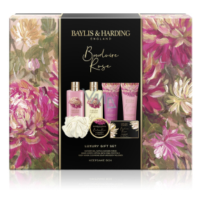 Baylis & Harding Tajemná růže sprchový gel 300 ml + koupelový a sprchový krém 300 ml + mléko na ruce a tělo 130 ml + mycí gel 130 ml + toaletní mýdlo 100 g + sůl do koupele 100 g + mycí houba, kosmetická sada pro ženy