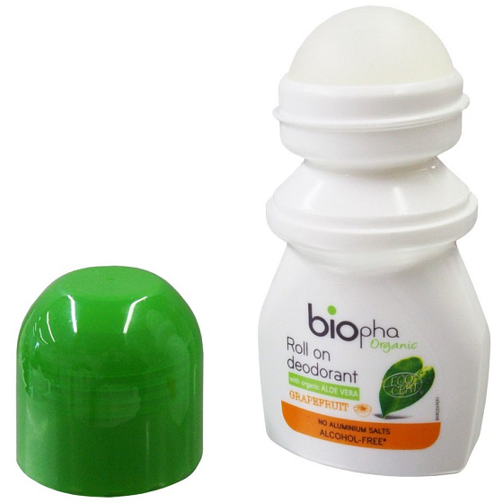 BioPha Grapefruit kuličkový deodorant bez alkoholu, soli, hliníku pro citlivou pokožku v biokvalitě roll-on pro ženy 50 ml
