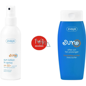 Ziaja Sun SPF 50+ UVA/UVB voděodolné mléko na opalování sprej 170 ml + mléko prodlužující efekt opálení všechny typy pleti 200 ml, duopack