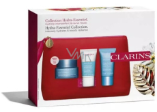 Clarins Hydra-Essentiel bohatý hydratační krém pro velmi suchou pleť 50 ml + krémový peeling pro rozjasnění a hydrataci 15 ml + osvěžující hydratační maska 15 ml + kosmetická taštička, kosmetická sada pro ženy