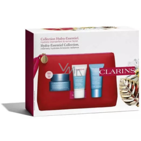 Clarins Hydra-Essentiel bohatý hydratační krém pro velmi suchou pleť 50 ml + krémový peeling pro rozjasnění a hydrataci 15 ml + osvěžující hydratační maska 15 ml + kosmetická taštička, kosmetická sada pro ženy