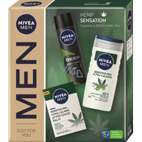 Nivea Men Hemp Sensation Sensitive Pro balzám po holení s konopím 100 ml + Deep Black Carbon Amazonia antiperspirant sprej 150 ml + Sensitive Pro Ultra-Calming sprchový gel 250 ml, kosmetická sada pro muže