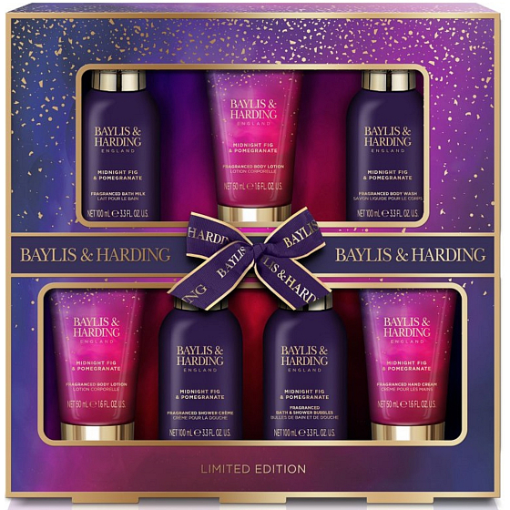 Baylis & Harding Fík a Granátové jablko pěna do koupele 100 ml + sprchový gel 100 ml + mléko do koupele 100 ml + sprchový krém 100 ml + tělové mléko 2 x 50 ml + krém na ruce 50 ml, kosmetická sada pro ženy