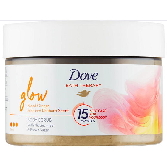 Dove Glow tělový peeling s vůní červeného pomeranče a rebarbory 295 ml