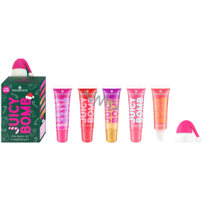 Essence Juicy bomb lesk na rty 002 Candy Cane 10 ml + 003 Candy Apple 10 ml + 004 Roasted Almonds 10 ml + 005 Mellow Marshmallow 10 ml + 006 Tangy Tangerine 10 ml + čepice vánoční ozdoba na lesk, kosmetická sada pro ženy