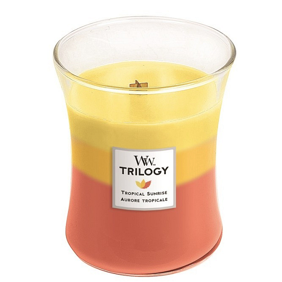 WoodWick Trilogy Tropical Sunrise - Tropický východ slunce vonná svíčka s dřevěným knotem a víčkem sklo střední 275 g