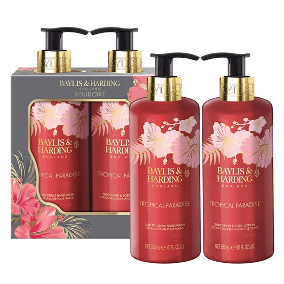 Baylis & Harding Boudoire Tropical Paradise - Tropický ráj tekuté mýdlo na ruce 300 ml + hydratační mléko na tělo i ruce 300 ml, kosmetická sada pro ženy