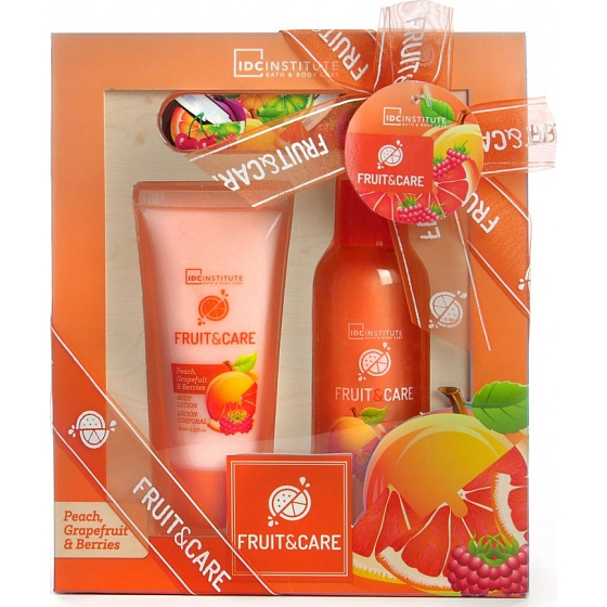 Idc Institute Fruit & Care Peach, Grapefruit & Berries sprchový gel 100 ml + tělové mléko 60 ml + pilník na nehty 1 kus, kosmetická sada