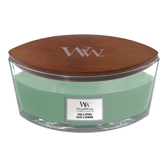 WoodWick Sage & Myrht - Šalvěj a myrha vonná svíčka s dřevěným širokým knotem a víčkem sklo loď 453 g