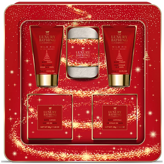 Grace Cole Wild Fig & Cranberry mycí gel 75 ml + tělový krém 75 ml + šumivá koule do koupele 2 x 25 g + perly do koupele 80 g + flanelová žínka + plechová krabička, kosmetická sada pro ženy