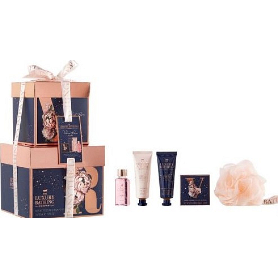 Grace Cole Velvet Rose & Peony sprchový gel 50 ml + krém na ruce 50 ml + tělový krém 50 ml + šumivá koule do koupele 80 g + mycí houba, kosmetická sada pro ženy