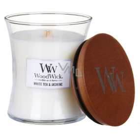 WoodWick White Tea & Jasmine - Bílý čaj a Jasmín vonná svíčka s dřevěným knotem a víčkem sklo malá 85 g