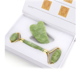 Serpentin Gua Sha 4,3 x 7,1 cm cm + váleček masážní 14 x 5,5 cm redukuje vrásky, otoky, zlepšuje pružnost pokožky, sada