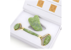 Serpentin Gua Sha 4,3 x 7,1 cm cm + váleček masážní 14 x 5,5 cm redukuje vrásky, otoky, zlepšuje pružnost pokožky, sada