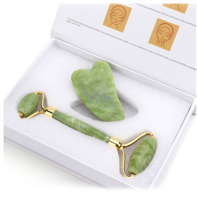 Serpentin Gua Sha 4,3 x 7,1 cm cm + váleček masážní 14 x 5,5 cm redukuje vrásky, otoky, zlepšuje pružnost pokožky, sada