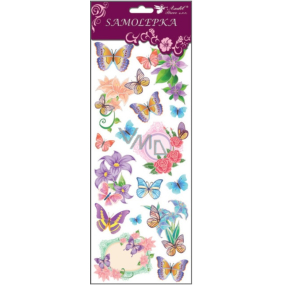 Samolepky motýlci a květiny s glitry fialoví 34,5 x 12,5 cm
