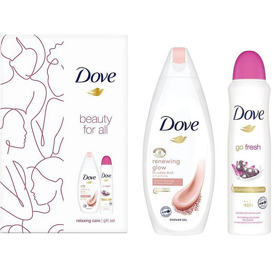 Dove Beauty For All Renewing Glow sprchový gel 250 ml + Go Fresh antiperspirant deodorant sprej 150 ml, kosmetická sada