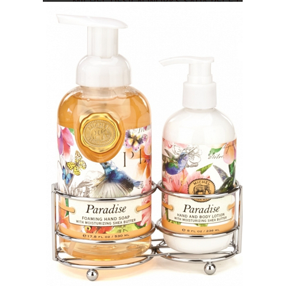 Michel Design Works Paradise pěnící tekuté mýdlo na ruce 530 ml + mléko na ruce a tělo, 236 ml kosmetická sada péče o ruce