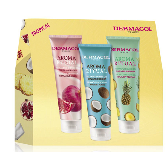 Dermacol Aroma Ritual Granátové jablko revitalizační sprchový gel 250 ml + Brazilský kokos relaxační sprchový gel 250 ml + Havajský ananas tropický sprchový gel 250 ml, kosmetická sada pro ženy