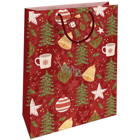 Nekupto Dárková papírová taška 32,5 x 26 x 13 cm Vánoční stromečky červená