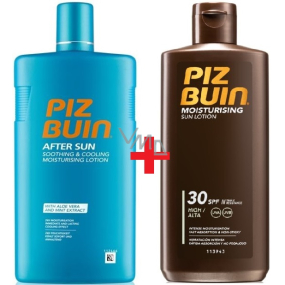 Piz Buin Moisturising Lotion SPF30 hydratační mléko na opalování 200 ml + After Sun Soothing & Cooling mléko po opalování s aloe vera, hydratuje a chladí, redukuje zarudnutí způsobené UV zářením 400 ml, duopack