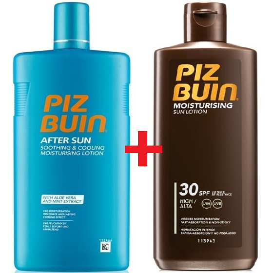 Piz Buin Moisturising Lotion SPF30 hydratační mléko na opalování 200 ml + After Sun Soothing & Cooling mléko po opalování s aloe vera, hydratuje a chladí, redukuje zarudnutí způsobené UV zářením 400 ml, duopack