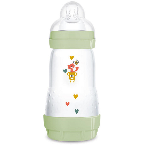 Mam Anti-Colic antikoliková láhev na krmení, silikonová jemná savička se středním průtokem 2+ měsíců Zelená 260 ml