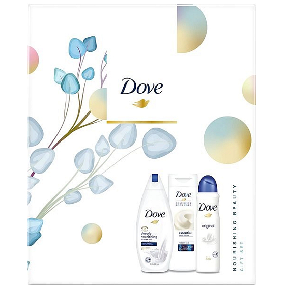 Dove Nourishing Deeply vyživující sprchový gel 250 ml + tělové mléko 250 ml + antiperspirant sprej 150 ml, kosmetická sada