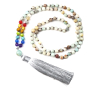 108 Mala 7 čakrový náhrdelník, Amazonit, meditační šperk, přírodní kámen vázaný, elastický, střapec 8 cm, korálek 6 mm