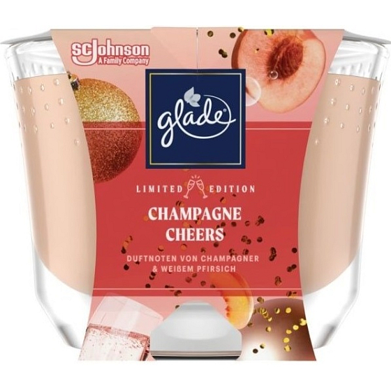 Glade Champagne Cheers s vůní šampaňského a čerstvé broskve vonná svíčka ve skle, doba hoření až 52 hodin 224 g