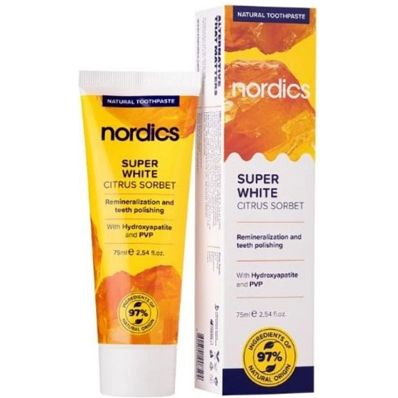 Nordics Reminelizační Super White citrusový sorbet s tekutou sklovinou zubní pasta 75 ml