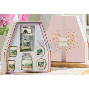 Yankee Candle Everyday Clean Cotton vonná svíčka malá 104 g + Clean Cotton votivní svíčka 2 x 49 g + Clean Cotton vonný vosk 2 x 22 g + Clean Cotton gelová visačka do auta 30 g, dárková sada