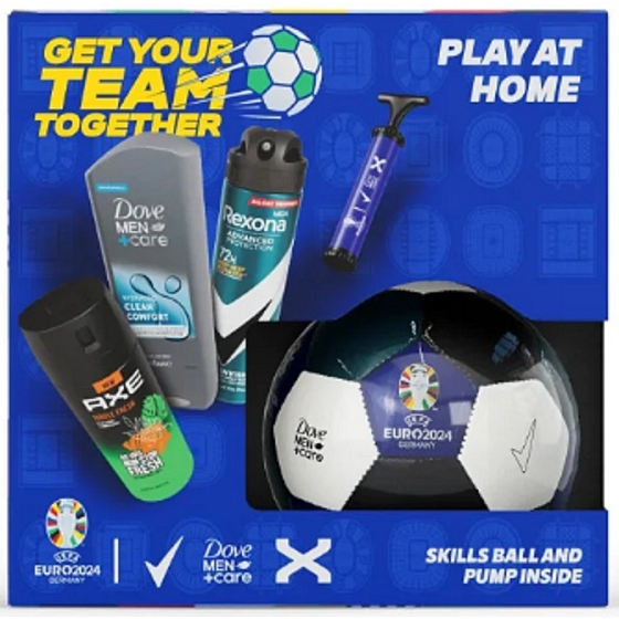 Rexona Euro 2024 Advanced Protection Invisible antiperspirant sprej 150 ml + Axe Jungle Fresh deodorant sprej 150 ml + Dove Men +Care Clean Comfort sprchový gel 250 ml + fotbalový míč + pumpa, dárková sada pro muže