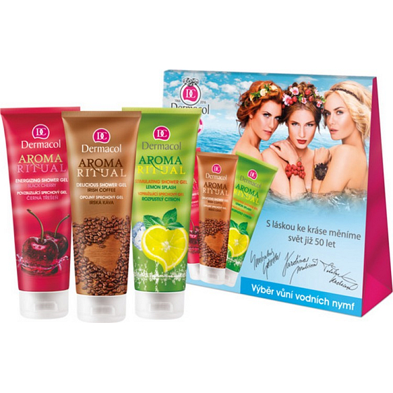 Dermacol Aroma Ritual Irská káva Opojný sprchový gel 250 ml + Černá třešeň sprchový gel 250 ml + Rozpustilý citron sprchový gel 250 ml, kosmetická sada
