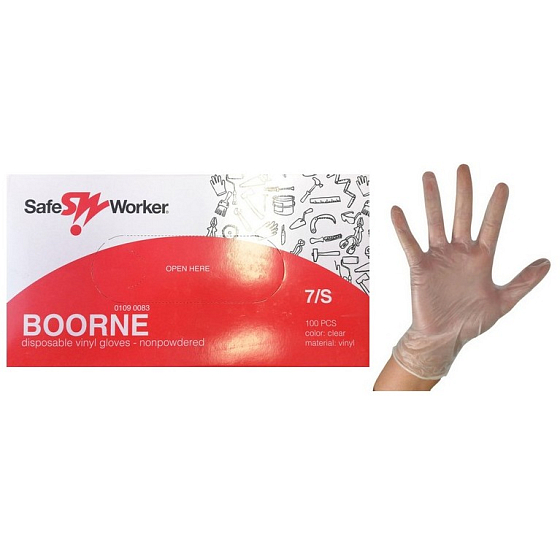 Safe Worker Boorne Rukavice vyšetřovací, vinyl, nepudrované, nesterilní, velikost S, box 100 kusů
