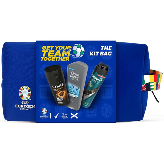 Rexona Euro 2024 Advanced Protection Sport Cool antiperspirant sprej 150 ml + Axe Dark Temptation deodorant sprej 150 ml + Dove Men +Care Clean Comfort sprchový gel 250 ml + etue pánská, dárková sada pro muže
