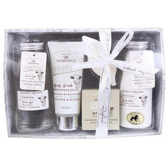 Raphael Rosalee Ovčí mléko sprchový gel 250 ml + tělové mléko 250 ml + tělový peeling 110 ml + sůl do koupele 100 g + toaletní mýdlo 40 g + dřevěný podnos, kosmetická sada