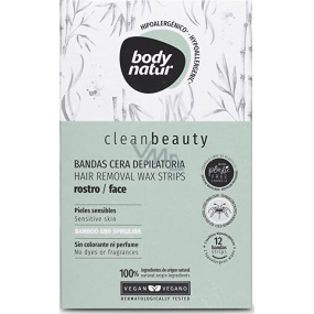 Body Natur Clean Beauty Bambus & Spirulina depilační voskové pásky na citlivou pokožku obličeje 12 kusů