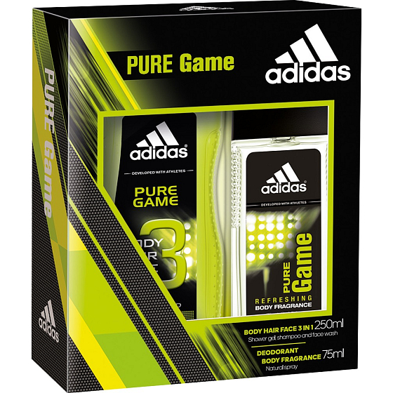 Adidas Pure Game parfémovaný deodorant sklo pro muže 75 ml + sprchový gel 250 ml, kosmetická sada