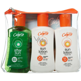 Calypso SPF 15 mléko na opalování 100 ml + SPF 20 mléko na opalování 100 ml + Aloe Vera zklidňující gel po opalování 100 ml + etue, sada, cestovní balení